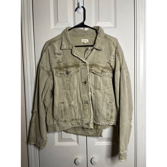 POL Green Plaid Denim Distressed Jacket Womens Size Large - Picture 1 of 6